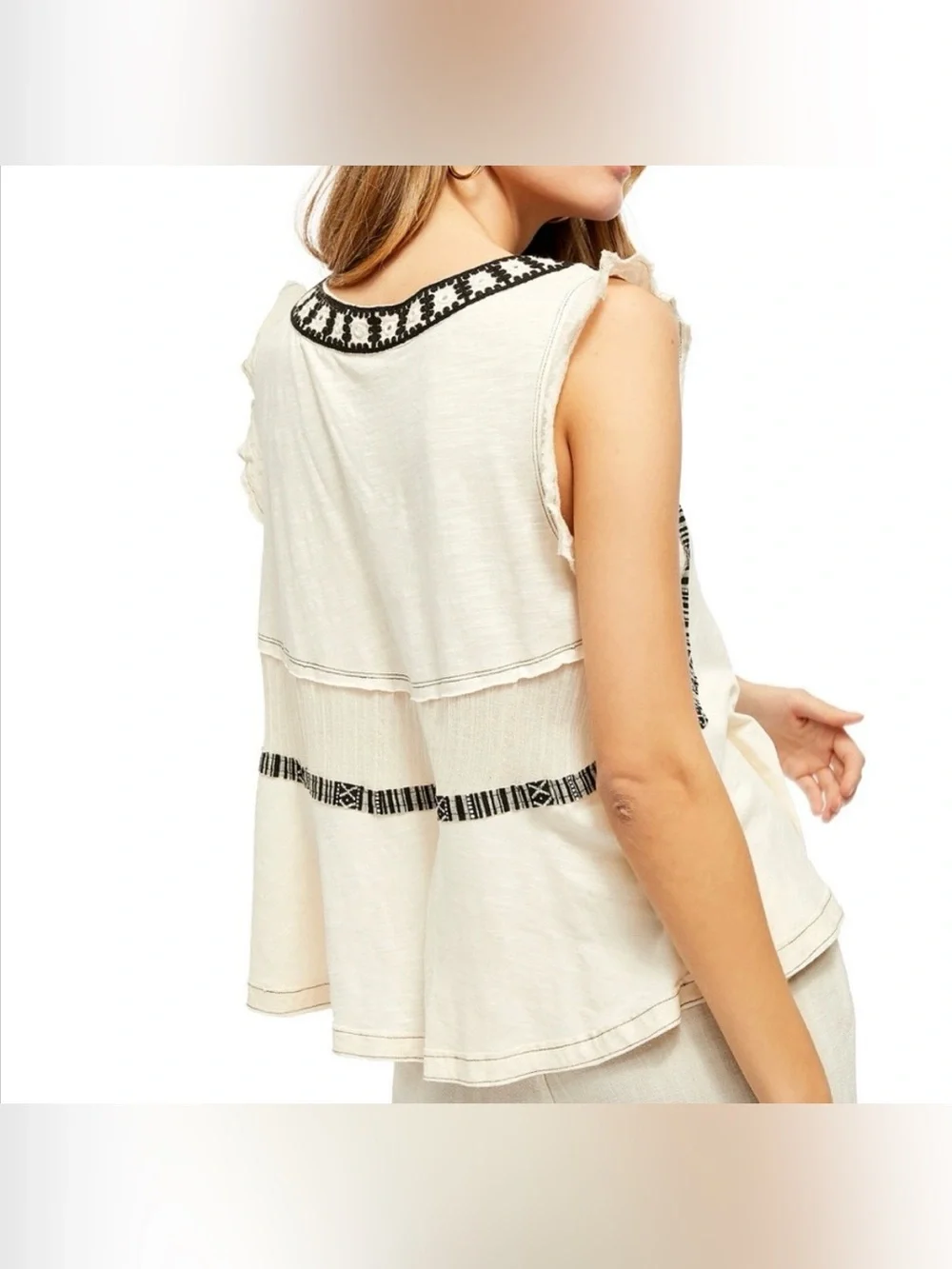 Free People Market Place V-Neck Top in the color Ecru Combo Size Small
